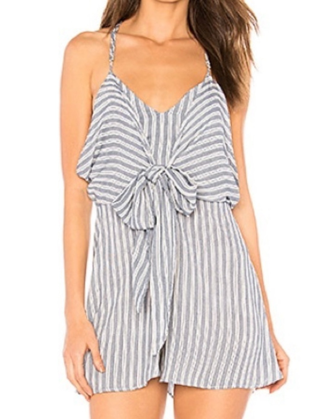 Show Me Your MuMu Striped Tie-Front Romper in Blue and White